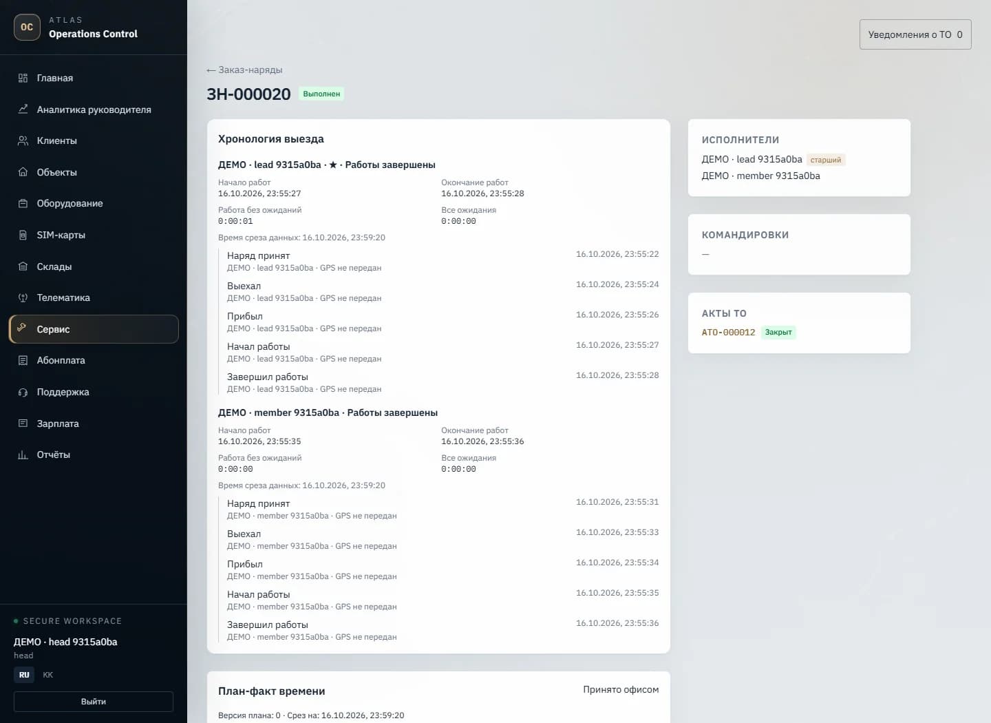 CRM сервисной компании: хронология выполнения ДЕМО-наряда двумя монтажниками